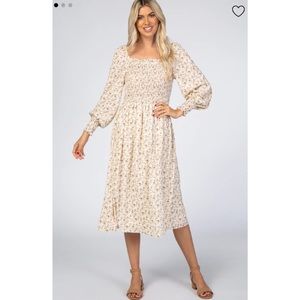 Pinkblush Maternity Cream Floral Smocked Bubble Sleeve Midi Dress - Size Small